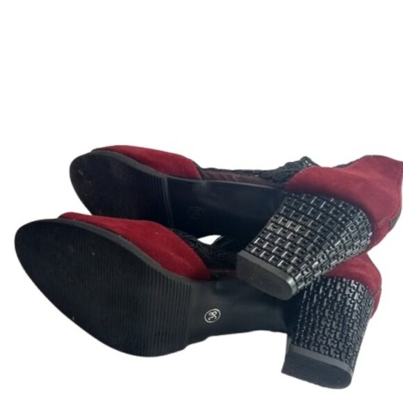 Jsaierl Womens Peep Toe Ankle Bootie Maroon Suede Black Lace 38 7.5 - Picture 9 of 9
